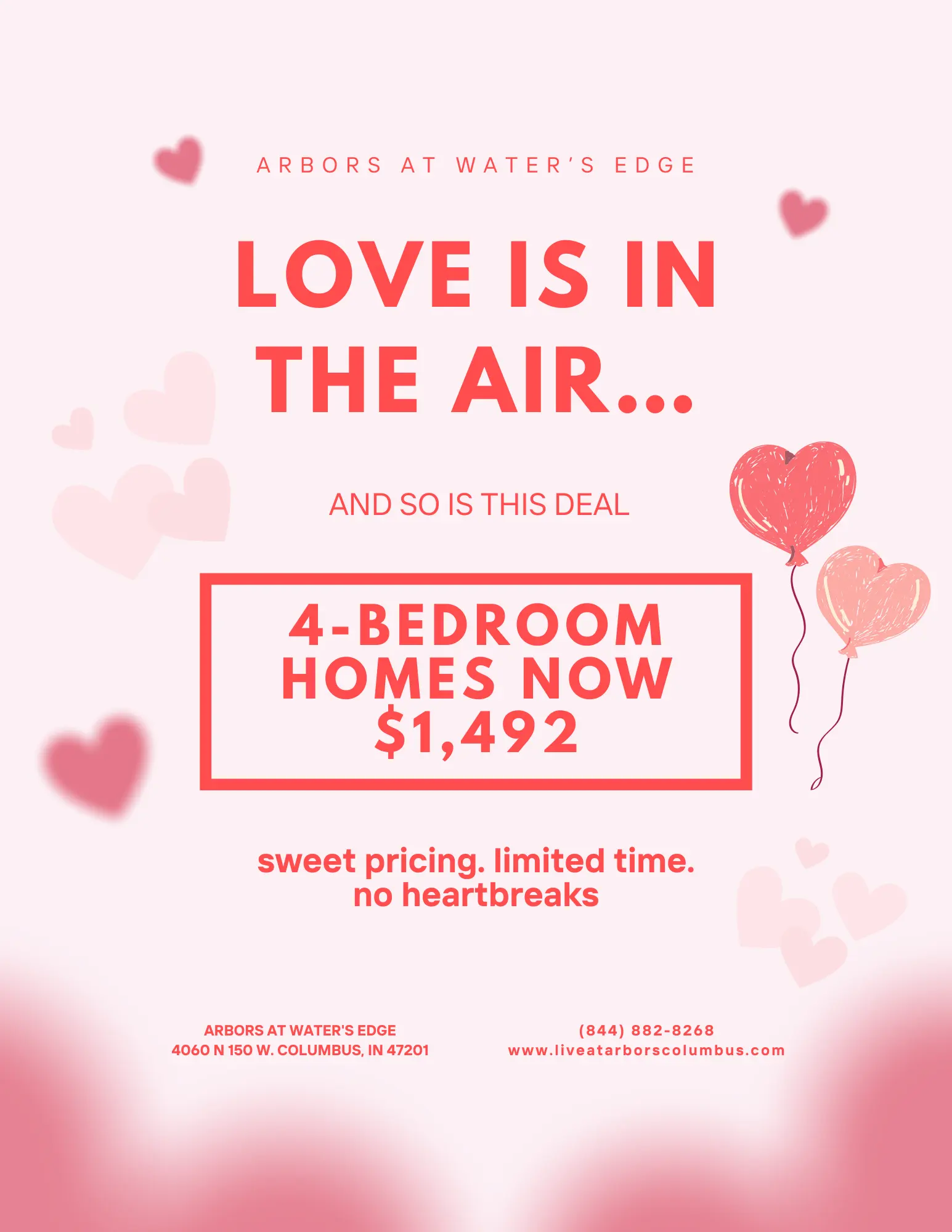 Promotional poster for Arbors at Water's Edge featuring a Valentine's theme with hearts, announcing a deal for 4-bedroom homes at a price of $1,492.