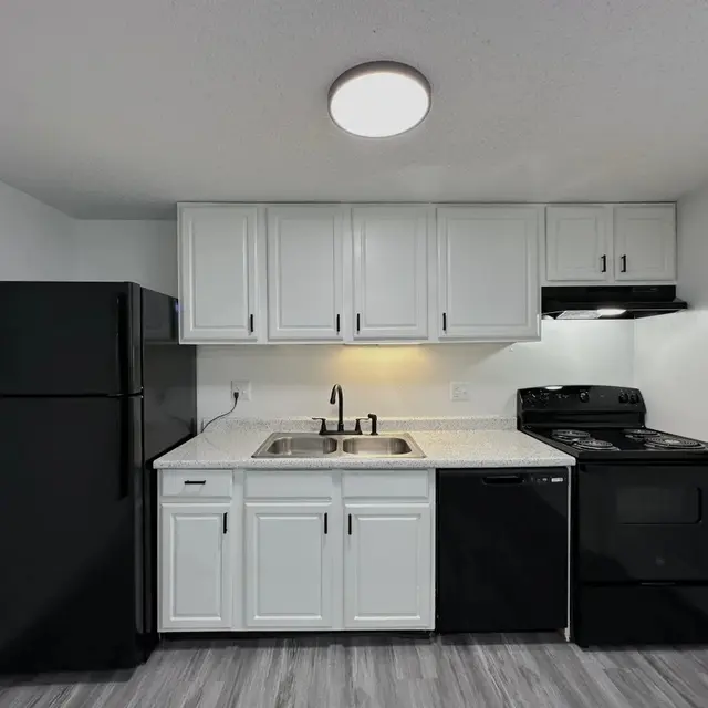 A modern kitchen featuring white cabinets, a black refrigerator, a black stove, and a black dishwasher, with a light gray countertop and light wood flooring.
