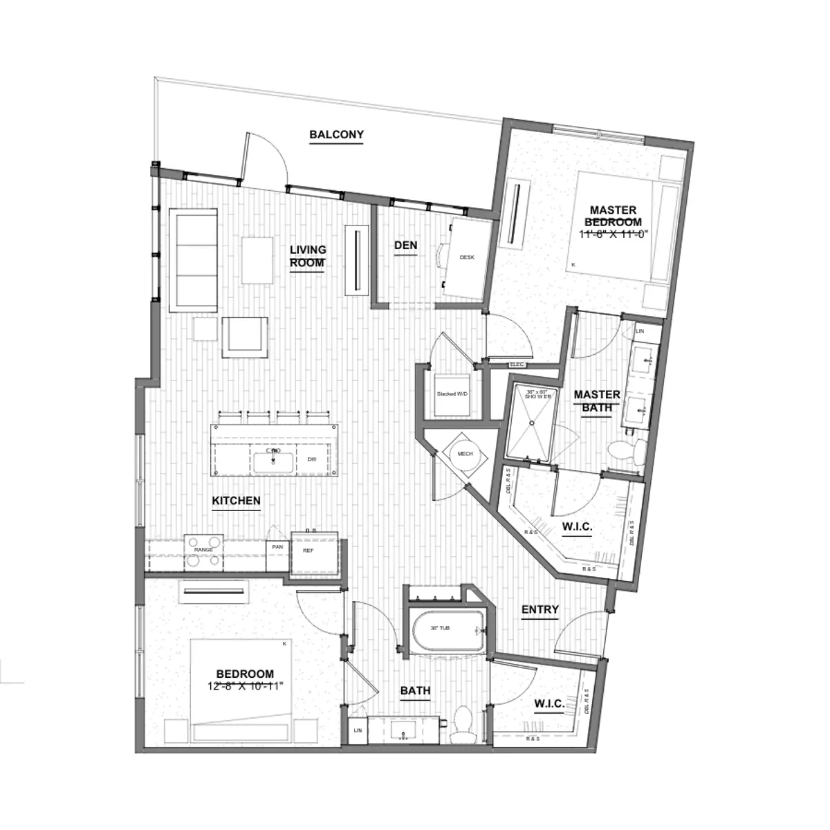 Modern Apartment Floor Plan A detailed floor plan of an apartment showing a master bedroom with attached bathroom, additional bedroom, den, living room, kitchen, and a balcony.
