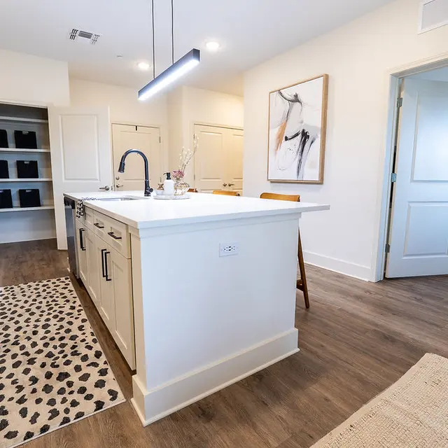 A modern kitchen with beige cabinets, a central island, and a black and white leopard print rug. The kitchen features stainless steel appliances and a bright interior with a doorway leading to another room.