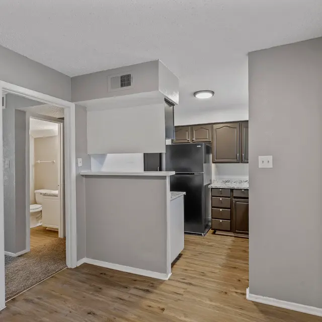 View of a modern apartment interior featuring a small kitchen area with dark cabinets and appliances, looking towards an entrance and hallway leading to a bathroom.