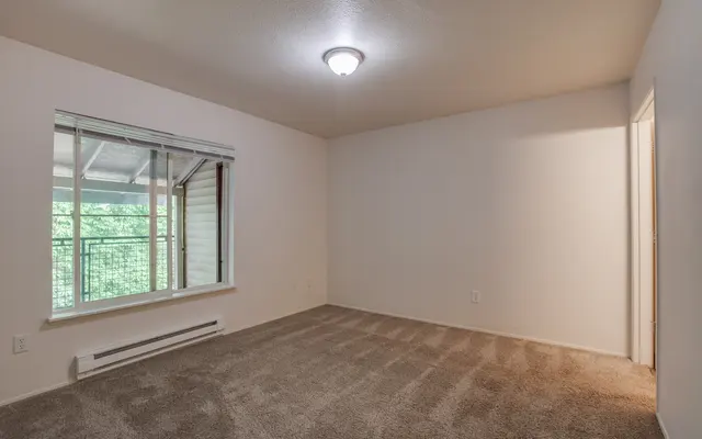 An empty room with a window overlooking trees, beige carpet on the floor, and neutral-colored walls. A doorway is visible on the right.