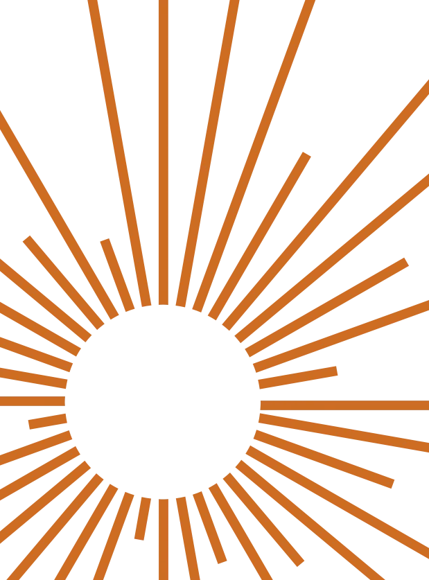 A graphic design featuring a circular center with radiating lines extending outward, in a pattern reminiscent of sun rays, colored in orange.
