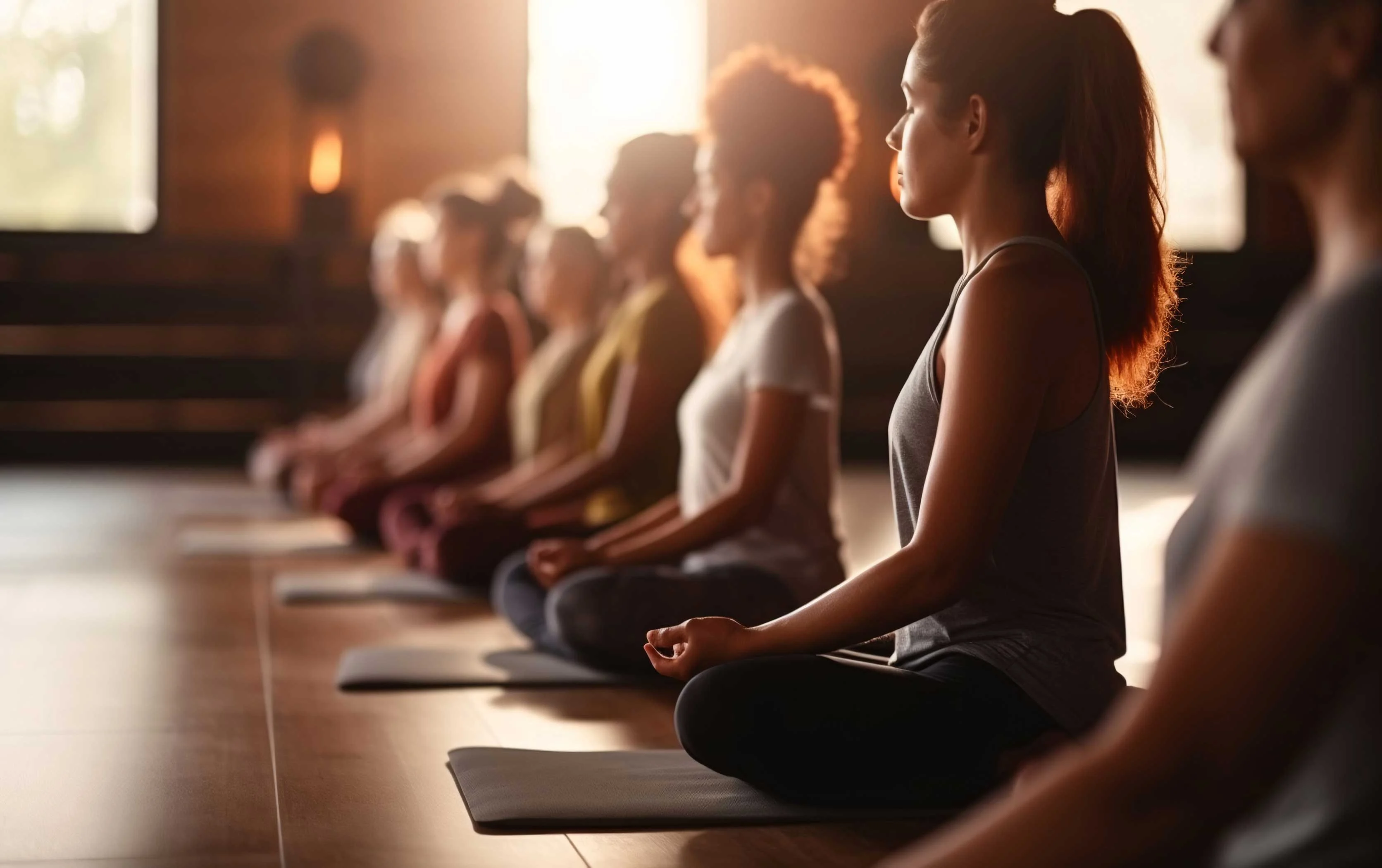 A group of individuals sitting in a yoga class, practicing meditation. They are seated on mats in a serene environment with warm lighting.