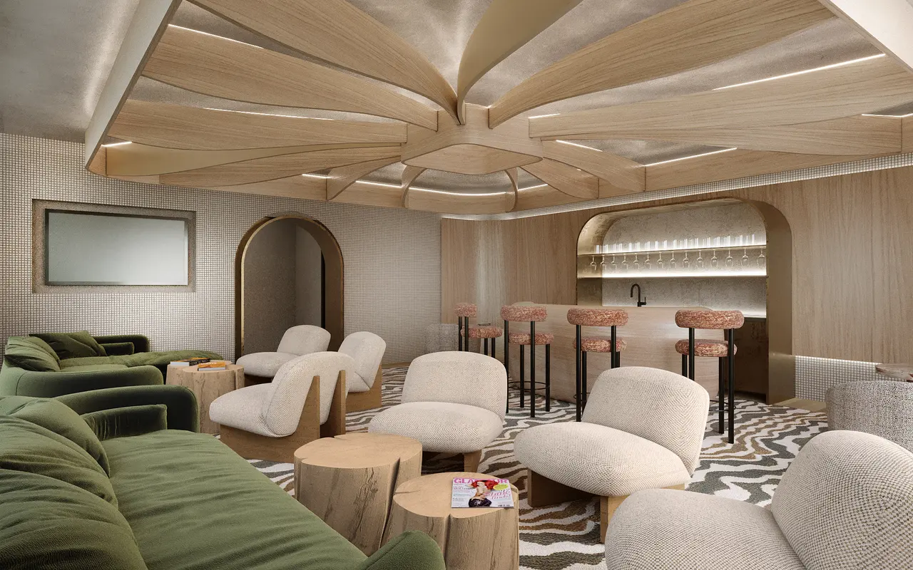 A spacious modern lounge featuring green sofas, unique armchairs, and wooden tables under a stylized ceiling with warm lighting.