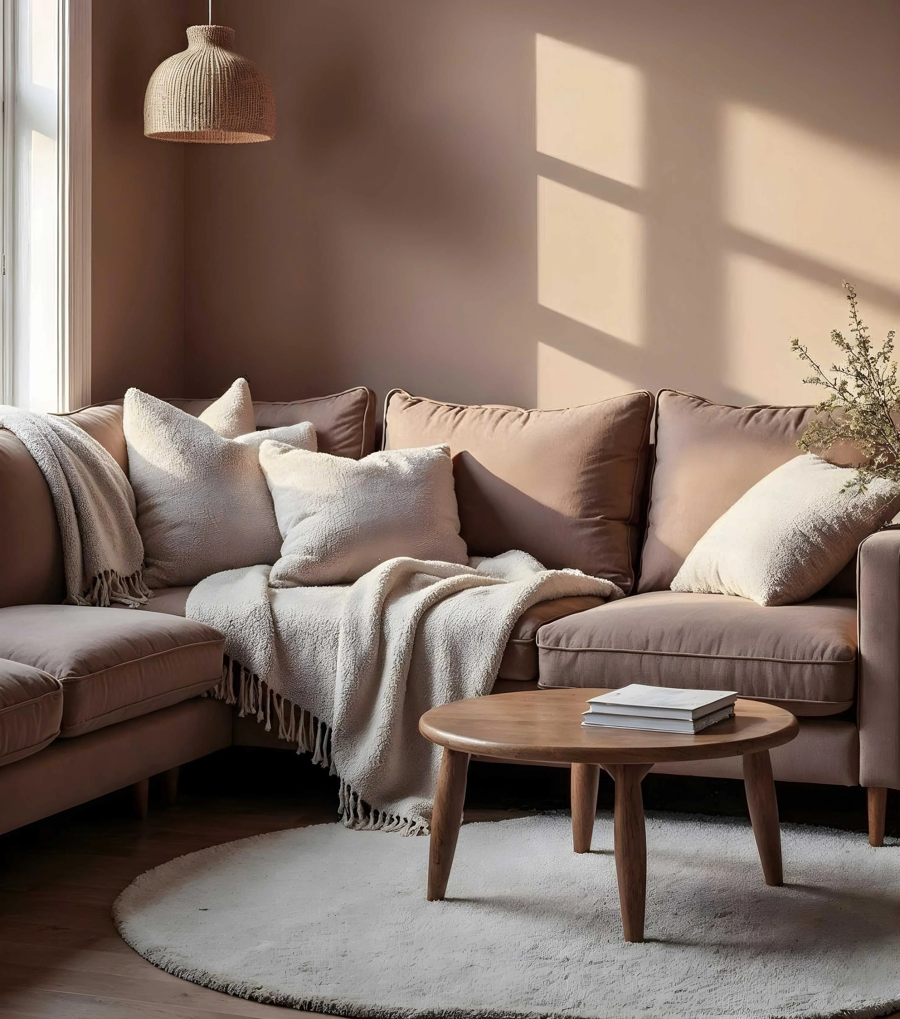 Cozy Living Room Decor A cozy living room scene featuring a light brown sectional sofa adorned with several plush cushions and a soft throw blanket. In front of the sofa sits a small wooden coffee table with books on it. The room has warm, soft lighting highlighting a beige wall and a round white rug on the floor. A woven pendant light hangs from the ceiling, adding to the cozy ambiance.