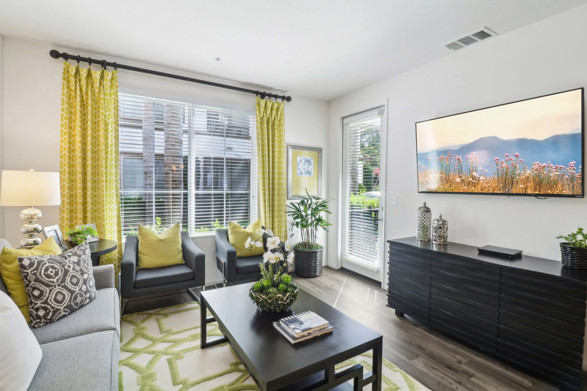 A bright and modern living room featuring a gray sofa, potted plants, black armchairs, a coffee table, and a large television on the wall. The window is adorned with yellow curtains, and there is a decorative rug on the floor.