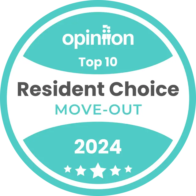 Resident Choice Move-Out Badge 2024 Award badge for Resident Choice Move-Out 2024, featuring a turquoise circular design with stars and the text 'Top 10 Resident Choice MOVE-OUT 2024.'