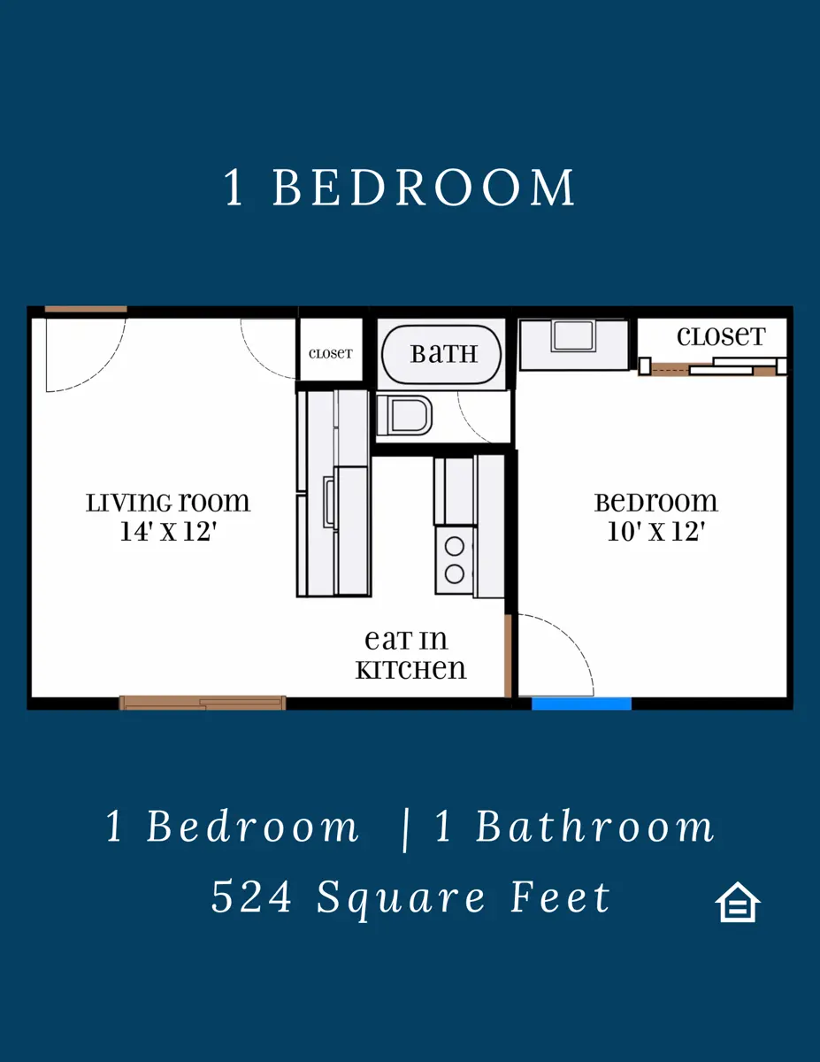 A floor plan depicting a one-bedroom apartment layout. It shows a living room, eat-in kitchen, bathroom, and bedroom, along with closets. The living room measures 14' x 12' and the bedroom measures 10' x 12'.