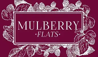 Logo of Mulberry Flats Logo design for Mulberry Flats featuring elegant lettering and decorative leaves on a burgundy background.