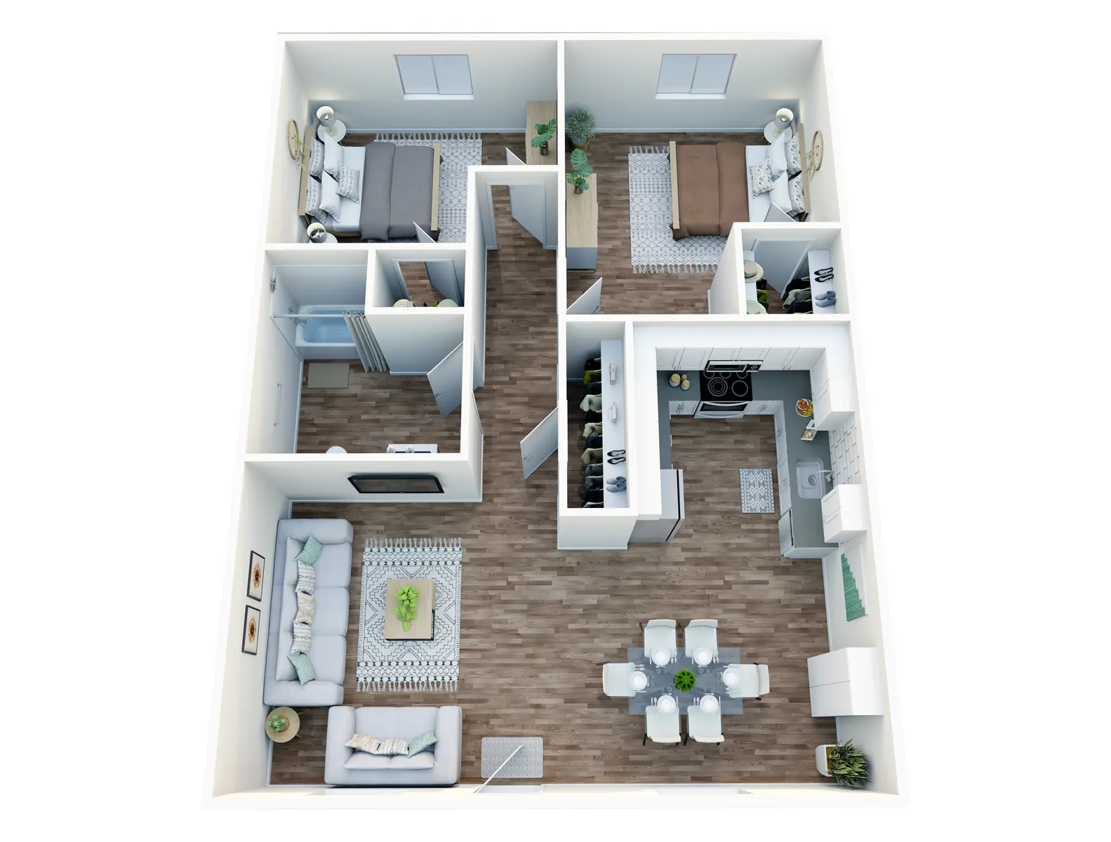 A top-down view of a modern apartment layout featuring two bedrooms, a living area, a dining area, a kitchen, and a bathroom.
