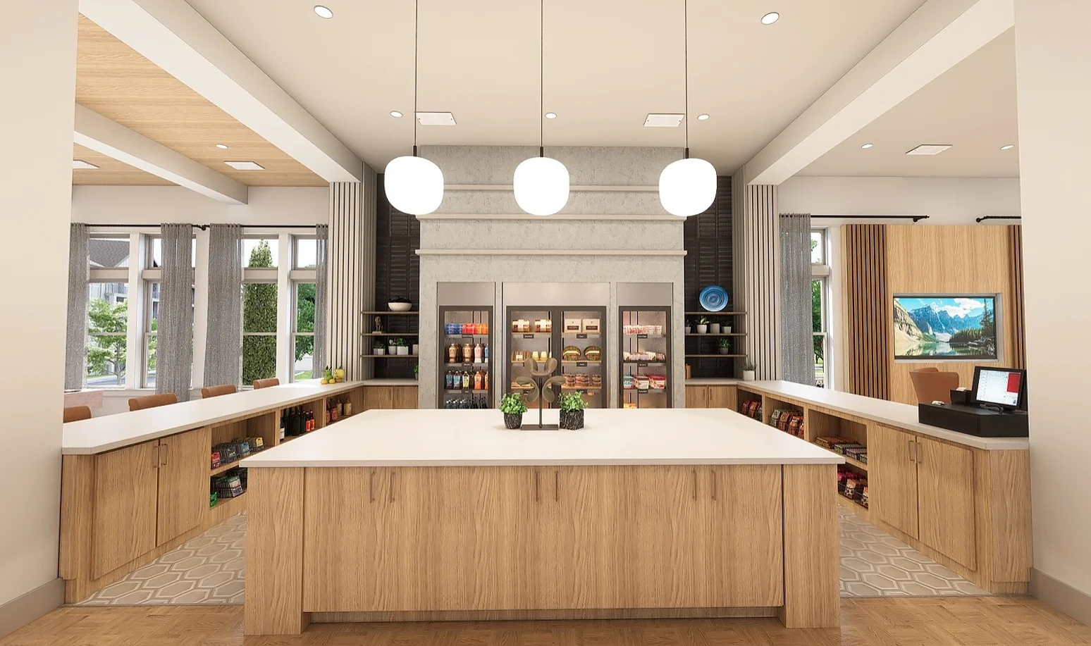 Modern Kitchen Reception Area Interior view of a modern kitchen or reception area featuring a central island, shelving, and a refrigerator.