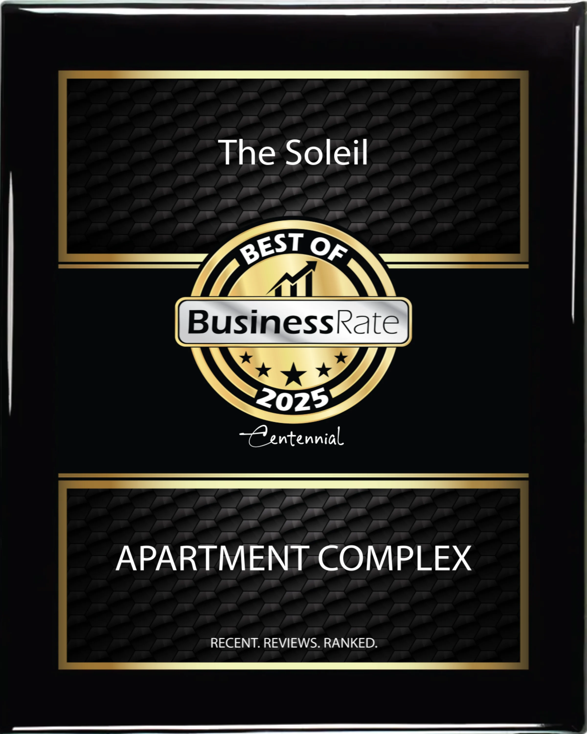 Best of 2025 Award for The Soleil Award plaque for The Soleil, recognized as the Best Apartment Complex of 2025 by BusinessRate.