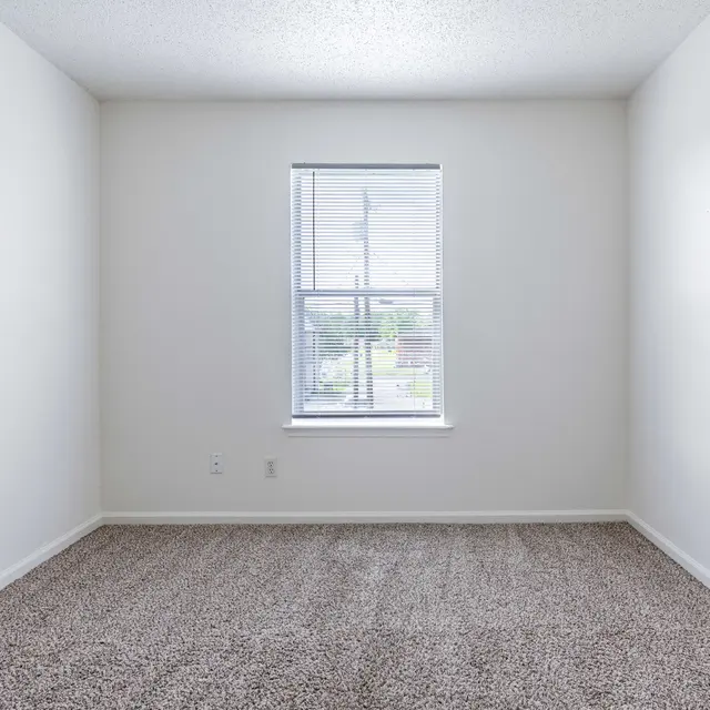 An empty room with light beige carpet and white walls, featuring a window with blinds allowing natural light to enter.
