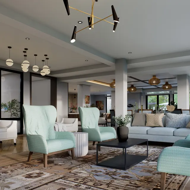 A stylish modern living room featuring light blue accent chairs, a large beige sofa, a decorative area rug, and pendant lights. Large windows allow natural light to illuminate the space, creating a welcoming atmosphere with green plants scattered throughout.