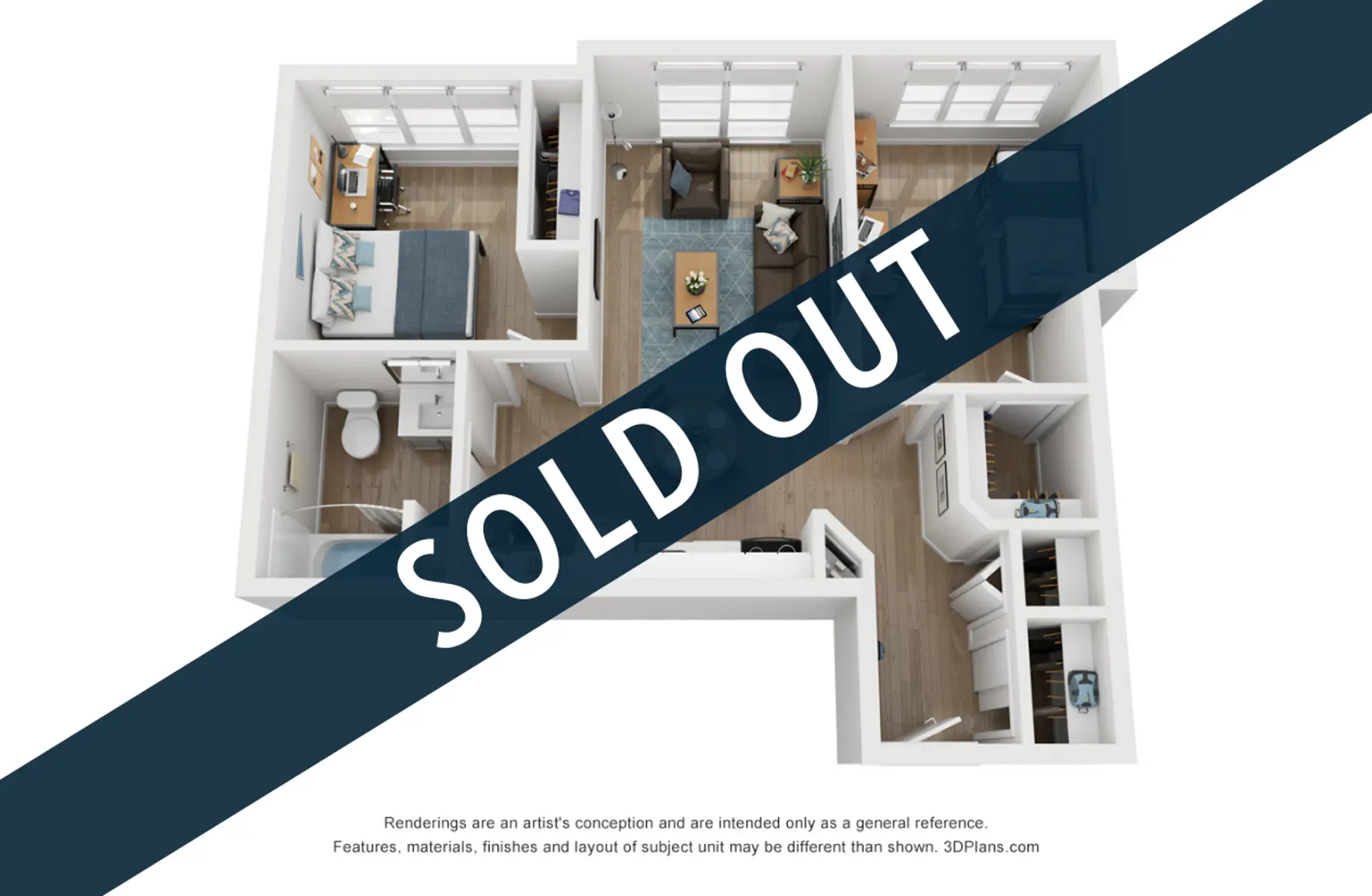 An aerial view of a 3D floor plan showing multiple rooms with modern furnishings. A large banner across the image reads 'SOLD OUT.'