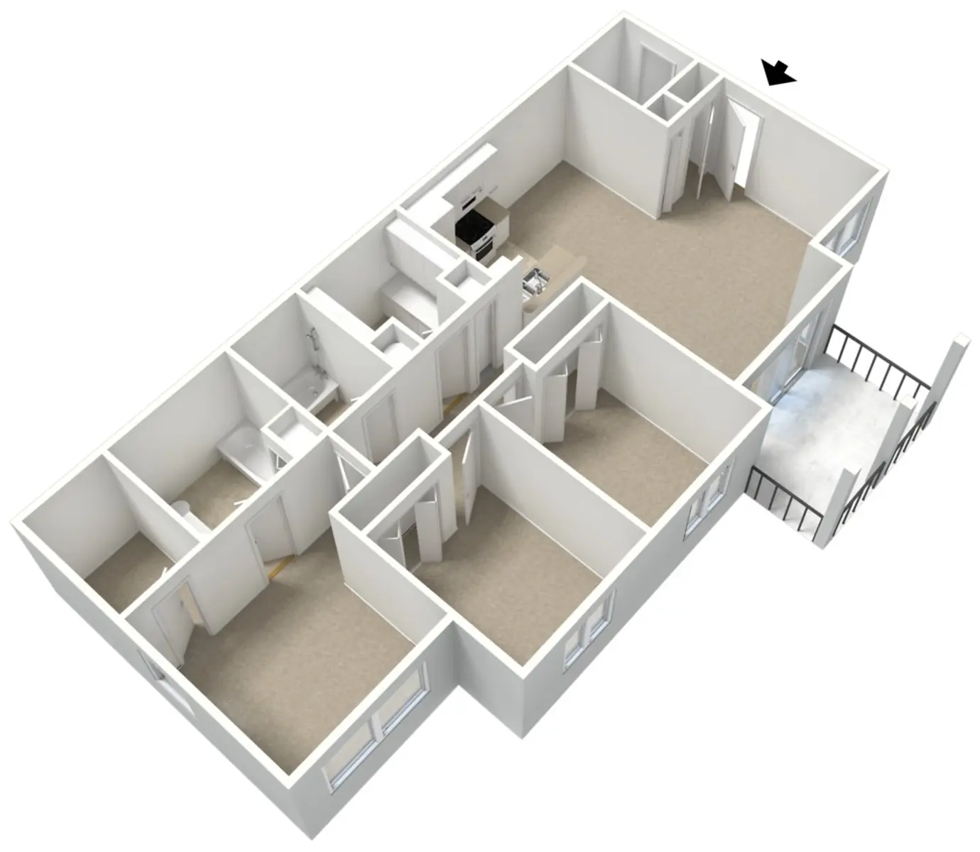 3D Floor Plan Design 3D rendering of a floor plan layout featuring multiple rooms and a staircase.