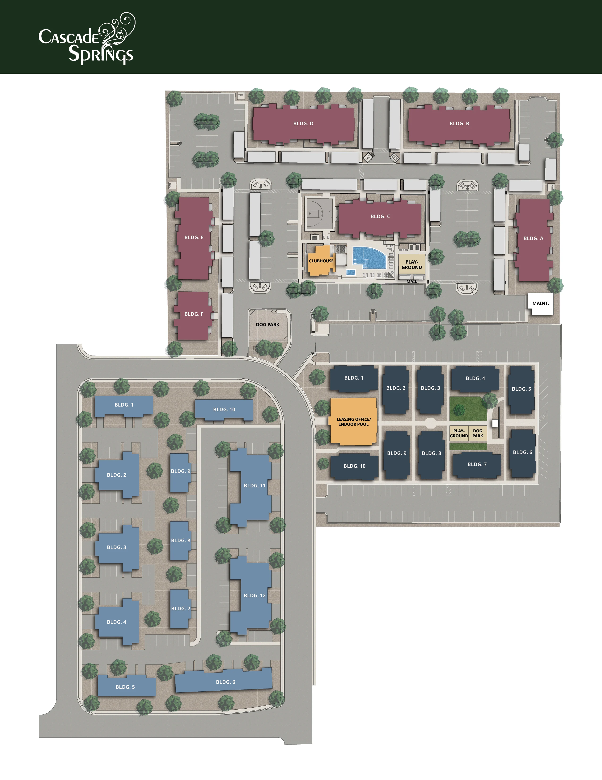 A detailed layout map of Cascade Springs, showing various buildings, a pool area, and parking spaces. The map is divided into two sections with labeled areas and green spaces.