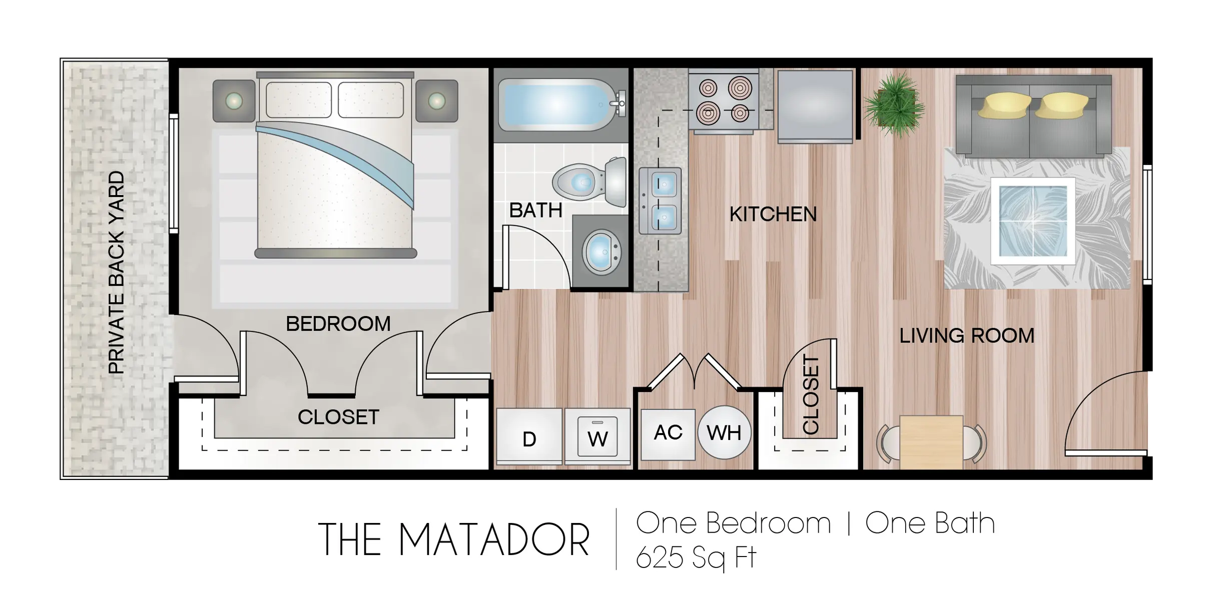 The Matador Floor Plan Floor plan of The Matador apartment, featuring one bedroom, one bath, kitchen, and living room.