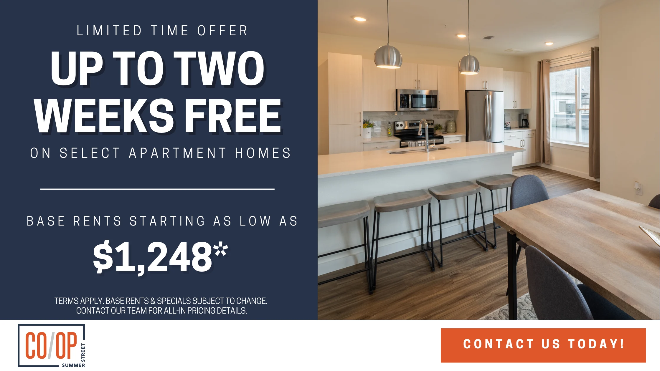 Two Weeks Free Apartment Rental Offer Promotional image for an apartment rental offer featuring kitchen and dining area.