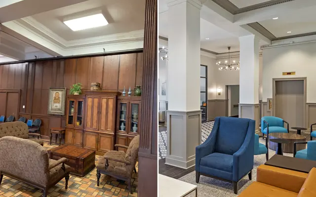 A split view of a lounge area featuring two different designs. On the left, traditional wooden furniture with dark paneling and patterned flooring. On the right, a modern design with bright lighting, contemporary furniture, and neutral colors.