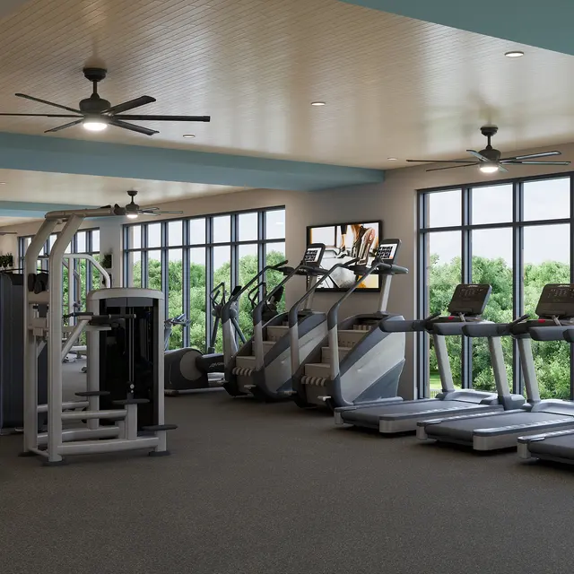 A modern gym interior featuring various exercise equipment, including treadmills, elliptical machines, and weight machines, with large windows offering a view of greenery outside.