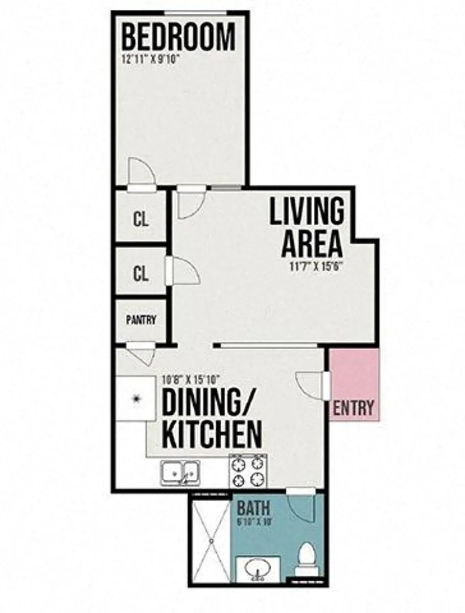 One-Bedroom Apartment Floor Plan Floor plan showing a one-bedroom apartment layout with labeled areas including bedroom, living area, dining/kitchen, bath, and entry.