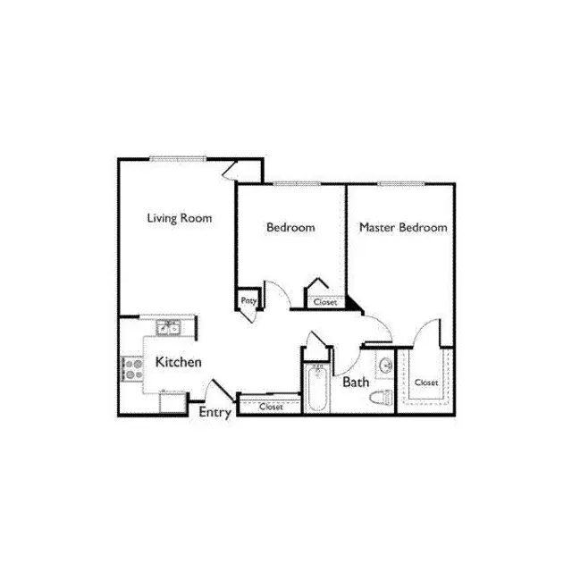 A black and white floor plan of an apartment featuring a kitchen, living room, one bedroom, and a master bedroom with a shared bath.