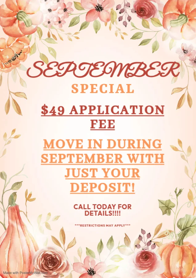 Promotional graphic for September offering a special application fee of $49 and encouraging move-in during September with just a deposit.
