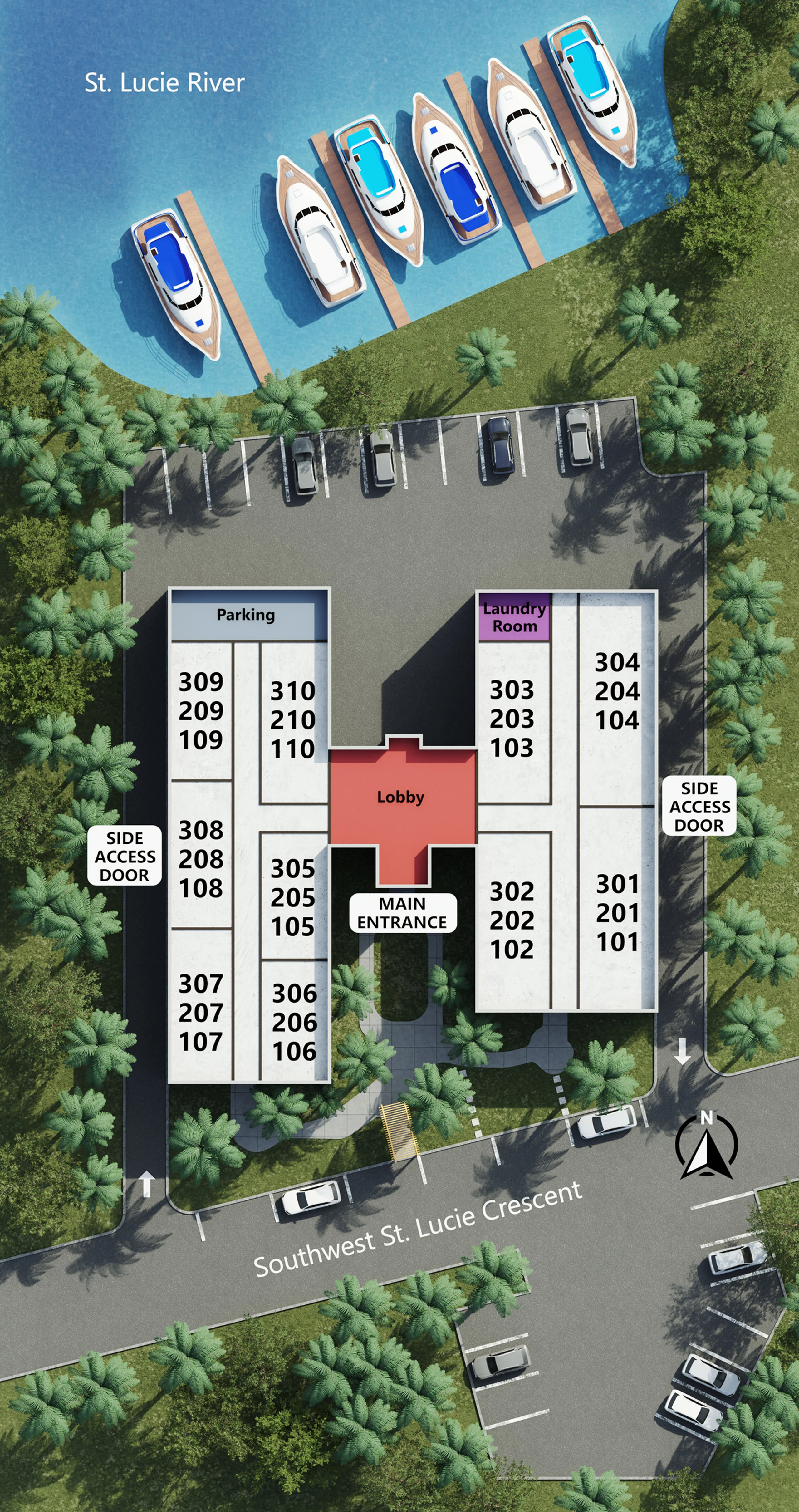 Architectural floor plan diagram showing a layout of a community with parking, lobby, and various numbered units.