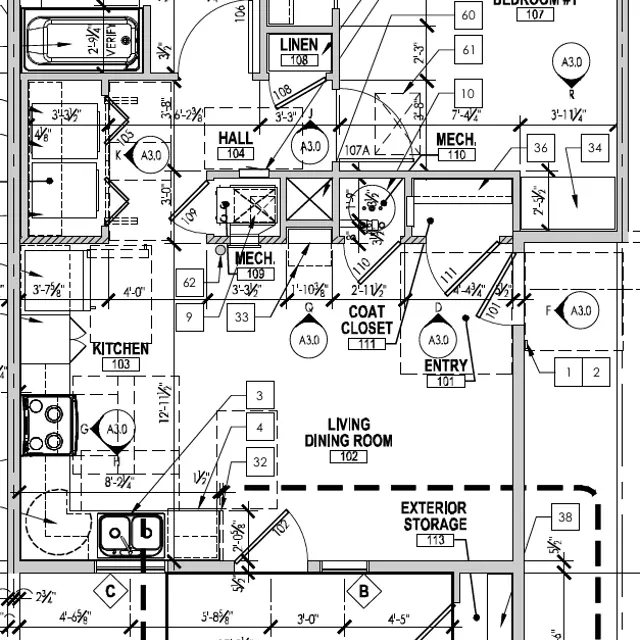 Residential Floor Plan A detailed floor plan layout of a residential building showing various rooms including kitchen, living/dining room, bedrooms, bathrooms, and additional storage areas.