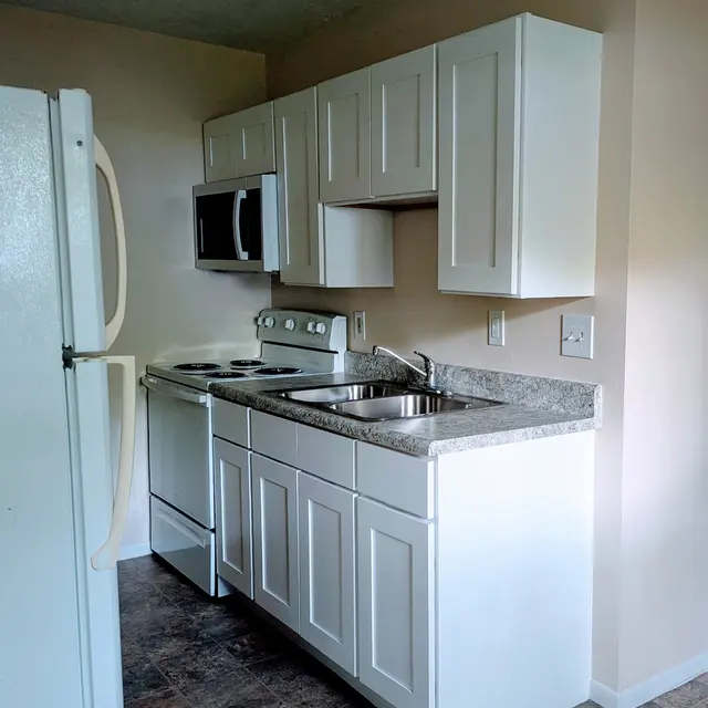 A small, modern kitchen featuring white cabinetry, stainless steel appliances, and a granite countertop.