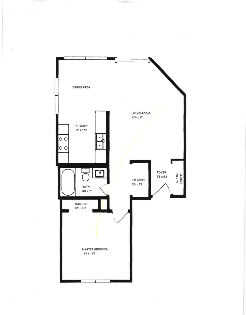 A black and white layout of an apartment floor plan, featuring labeled areas including a living room, kitchen, dining area, master bedroom, bath, laundry, and foyer.