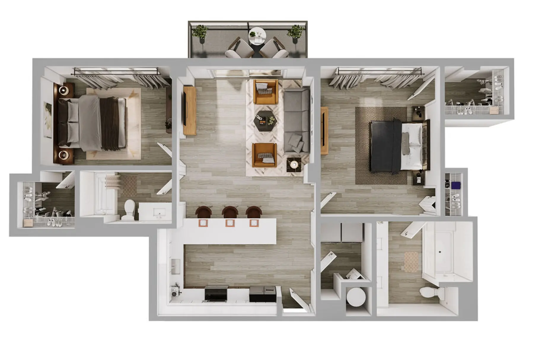 A top-down view of a modern apartment floor plan, featuring two bedrooms, a living area, a kitchen, and a bathroom.