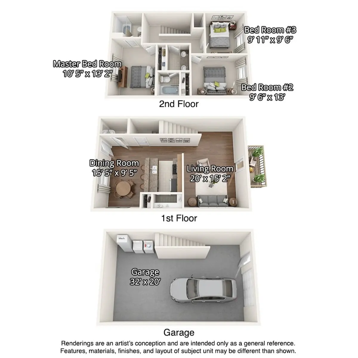 A detailed 3D floor plan of a house featuring two levels. The 1st floor includes a Living Room (20' x 19' 2") and a Dining Room (15' x 9' 5"), along with a garage (32' x 20'). The 2nd floor shows a Master Bedroom (10' 5" x 19' 2"), and two additional bedrooms, Bed Room #2 (9' 6" x 19') and Bed Room #3 (9' 11" x 9' 6").