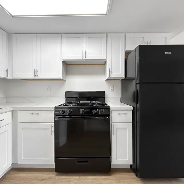 Modern Kitchen with Black Appliances A modern kitchen featuring white cabinetry, a black gas stove, and a black refrigerator.