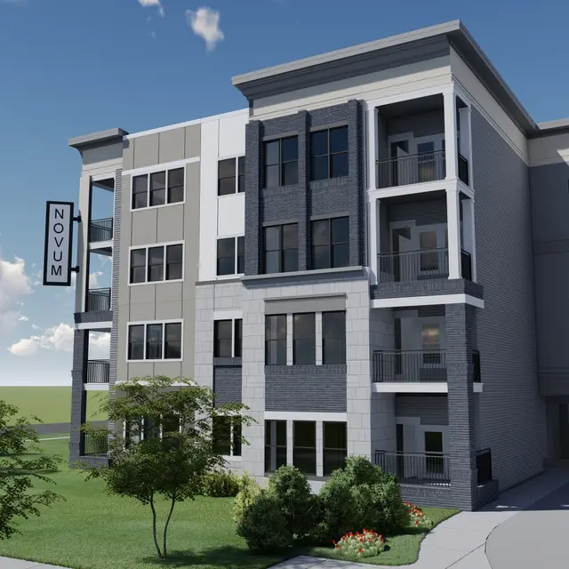 A modern architectural rendering of a multi-story residential building featuring large windows, a mix of gray and white exterior, and landscaping in front.