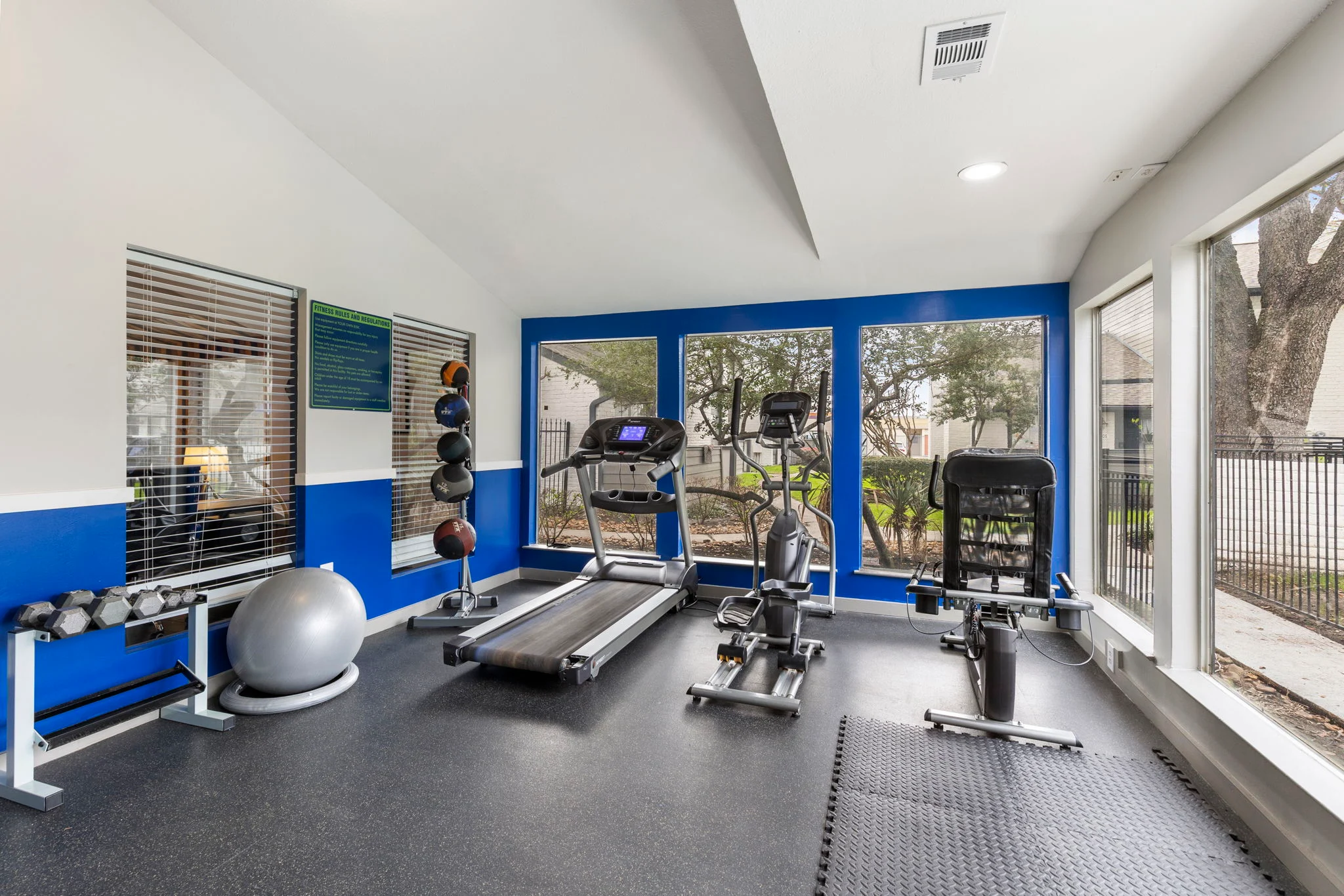Bright Modern Gym Interior A modern gym interior featuring exercise equipment such as a treadmill, stationary bike, and weights, with large windows allowing natural light in.