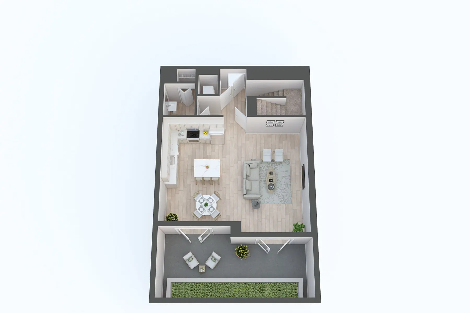 Modern Floor Plan Design A top-down view of a modern floor plan featuring an open living area, kitchen, and dining space along with two small adjacent rooms and a staircase.