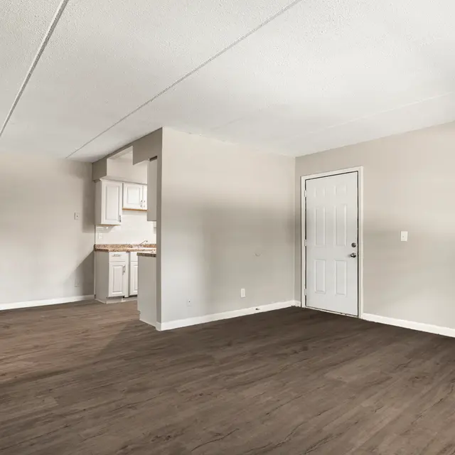 Spacious empty living room with light gray walls and new flooring, showing a kitchen area to the left and a door to the right.