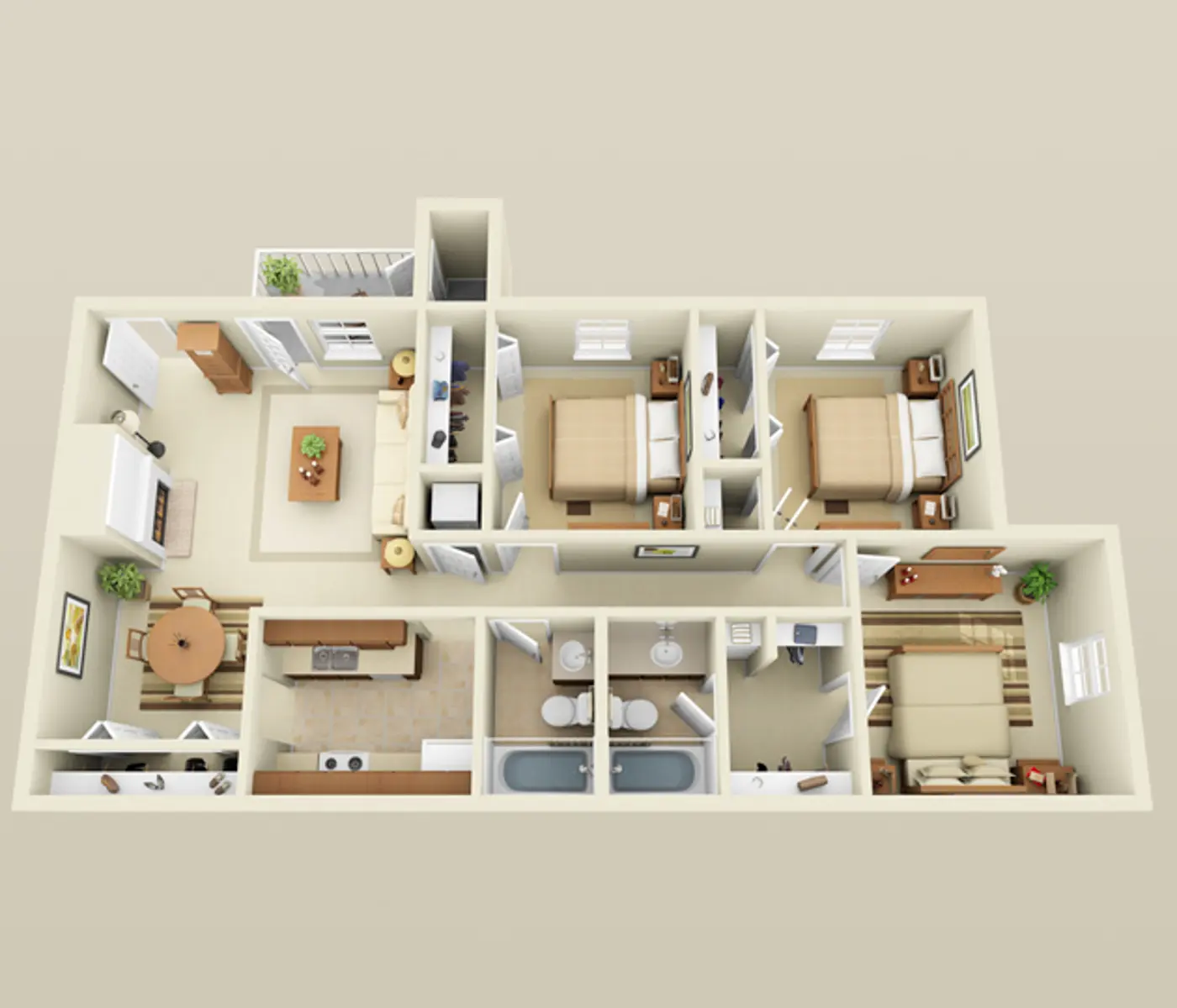 A top-down view of a spacious apartment layout featuring multiple bedrooms, a living room, dining area, kitchen, bathrooms, and ample storage space.