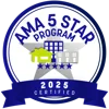 A circular logo featuring the text 'AMA 5 STAR PROGRAM' at the top, a silver star background, and illustrations of different buildings including a green house. There is a blue banner at the bottom with '2025 CERTIFIED'.