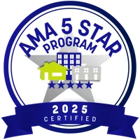 AMA 5 Star Program Certification 2025 A circular logo featuring the text 'AMA 5 STAR PROGRAM' at the top, a silver star background, and illustrations of different buildings including a green house. There is a blue banner at the bottom with '2025 CERTIFIED'.
