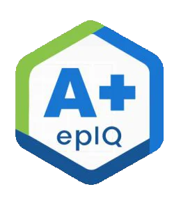 Logo featuring the letter A+ within a hexagonal shape, accompanied by the word 'epilQ' below it. The colors include blue and green.