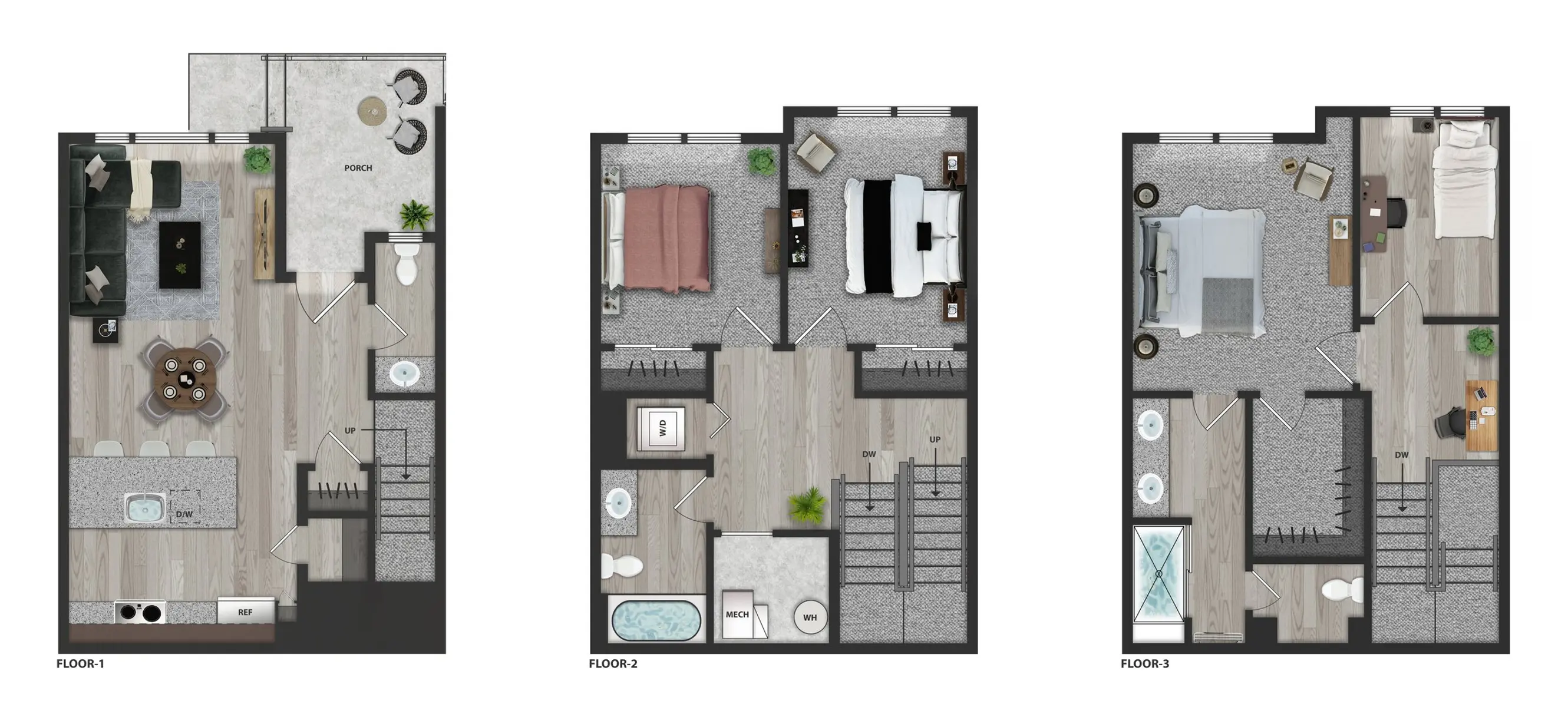 Residential Floor Plans Three separate floor plans showcasing different layouts of a residential unit. The first plan features an open living area and kitchen; the second plan includes bedrooms and bathrooms; the third plan highlights a multi-level design with stairs and additional rooms.
