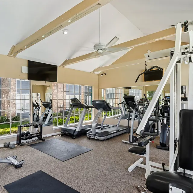 A bright and spacious gym featuring various exercise equipment, including treadmills and weight machines, with large windows allowing natural light in.