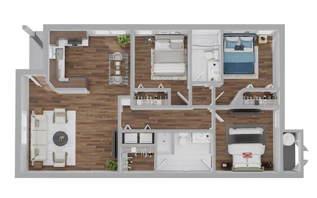 2 Bedroom 2 Bathroom Option 1 A top-down view of a floor plan for a modern apartment featuring a living area, kitchen, two bedrooms, and two bathrooms.