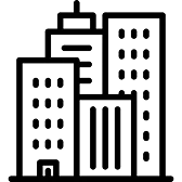 A simple line drawing of multiple skyscrapers with varying heights and window designs.