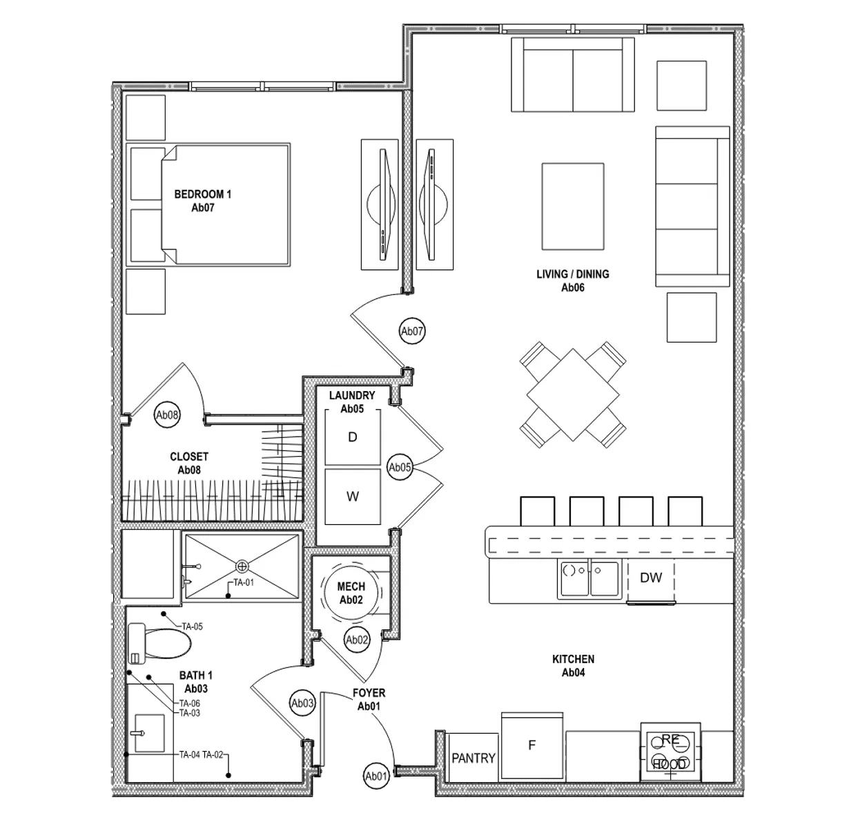 A detailed floor plan of a residential unit showing various rooms including a living/dining area, kitchen, two bathrooms, a laundry room, and additional spaces labeled as bedroom, closet, foyer, and pantry.