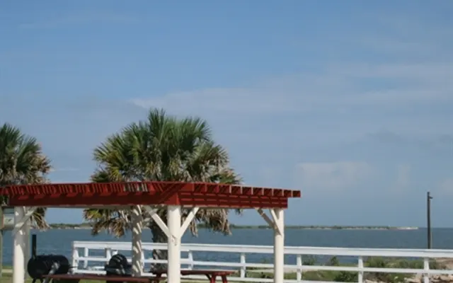 Scenic Waterfront Pavilion A waterfront pavilion with a red roof and picnic table, surrounded by palm trees, overlooking a calm body of water under a clear sky.